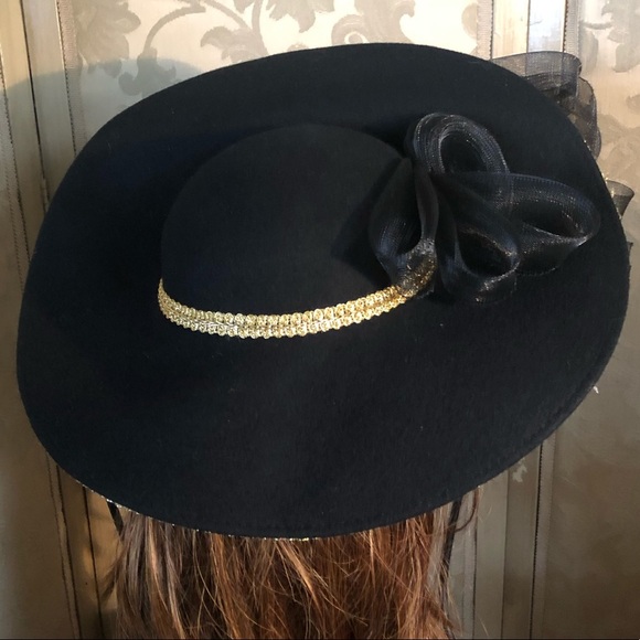 Vintage Couture Wide Brim Black & Gold Hat main image 6